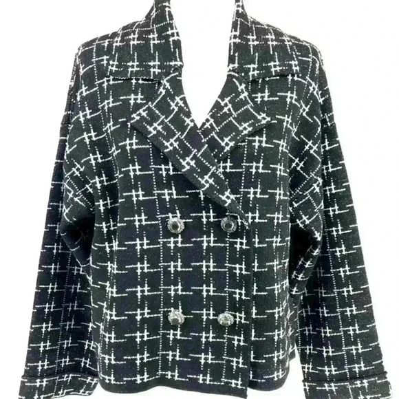 ZARA BLACK WHITE GRID PATERN DOUBLE  BREAST TWEED BLAZER SIZE LARGE - Picture 1 of 13